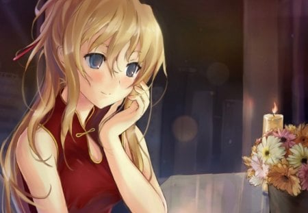 I will waiting 4 U - anime, female, blonde, blond hair, long hair, oriental, blond, anime girl, hot, candle, girl, chinese, table, blonde hair, flower, cute, floral, sexy, cheongsam