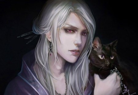 Woman - cat, gothic, black, vampire, fantasy, white, halloween, art, dark, man, pink, amethyst eyes, animal, demon