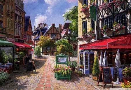 Painting - pretty, appetito, sunny, summer, delicious, town, breakfast, cafe, flowers, dinner, nice, fruits, art, vegetables, shop, sam park, bon appetite, beautiful, lovely, village, street, lunch, colorful, painting, market, restaurant