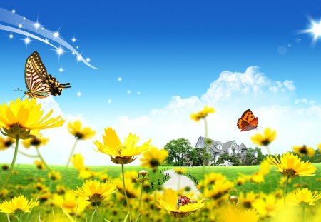 Country House - yellow flowers, sun, blue sky, ladybug, green grass, white clouds, house, sparkles, butterflies