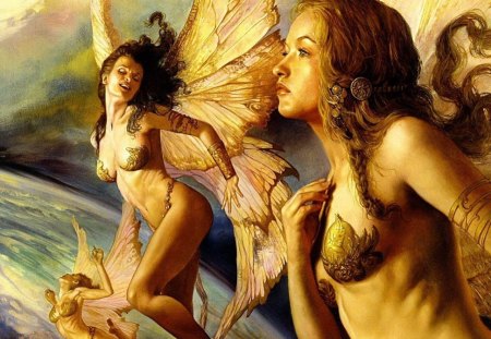 Fairies - fairies, fantasy, gold, angels