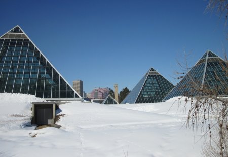 Global warming 03 - pyramids, blue, photography, snow, Winter, buildings, white, sky, glass