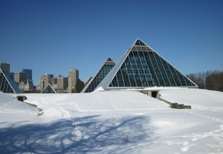 Global warming 14 - white, pyramids, blue, photography, snow, buildings, Sky, glass