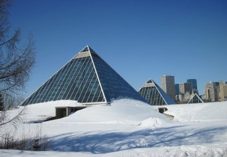 Global warming 15 - sky, glass, photography, winter, buildings, white, pyramids, snow, blue