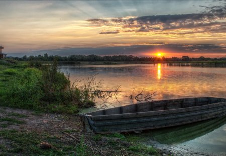 old boat in lake under beautiful sunset - lake, sunset, grass, boat