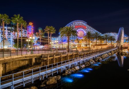 fantastic amusement park - reflection, lagoon, roller coaster, lights, amusement park