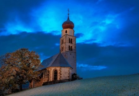 beautiful church on a hill - hill, church, clouds, winter, tree