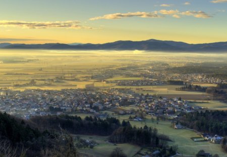 beautiful towns in a misty valley - mountains, valley, towns, mist