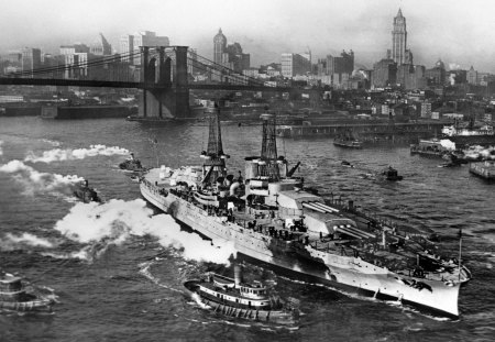 wonderful old battleship in nyc harbor - tug boats, battleship, river, city, bridge