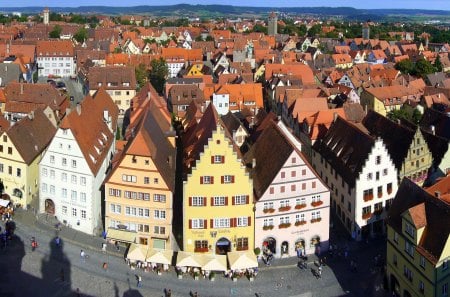 Town of Rothenburg, ob der Tauber - trees, people, roofs, half timbered houses, blue sky