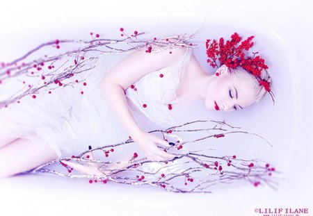 Attractive - flowers, lady, fantasy, petals