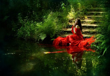 Red woman at the Lake - lake, red, woman, green