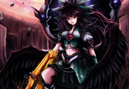 Reiuji Utsuho - pretty, anime, female, wing, reiuji utsuho, angel, long hair, armor, touhou, weapon, nice, anime girl, realistic, beautiful, hot, girl, feather, beauty, cg, wings, cute, 3d, sexy