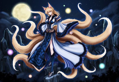 Yakumo Ran - hot, female, yakumo ran, anime girl, touhou, anime, moon, tail, sexy, girl, long hair, night, ears, glow, star, kitsune, dress