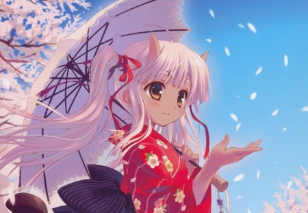 Raining Petals - flower, anime, yukata, twintails, anime girl, girl, umbrella, long hair, petals, floral, female, kimono, horn