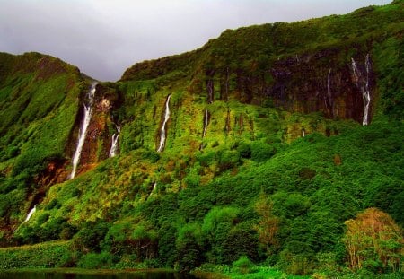 Waterfalls - waterfalls, trees, mountains, green