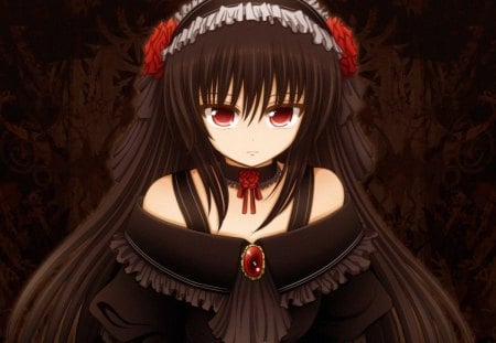 Brown Lady - sexy, hot, girl, female, long hair, simple, anime girl, gown, brown hair, red eyes, brown, dark, plain, anime, cute, dress