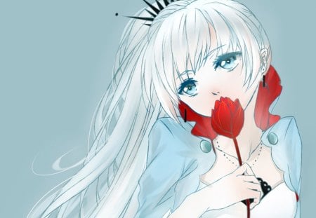 Girl n Flower - pretty, anime, blossom, long hair, white hair, rwby, plain, nice, anime girl, beautiful, hot, girl, simple, beauty, lovely, sweet, flower, Weiss Schnee, cute, floral, sexy