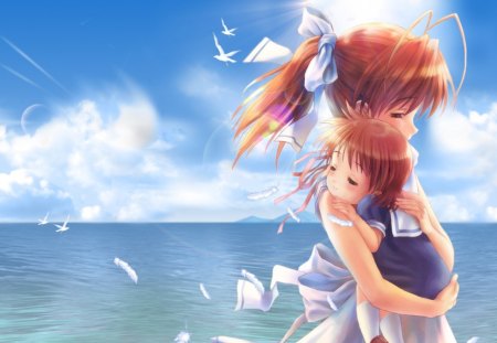 Motherly Love - pretty, bird, anime, kawaii, female, scenery, scene, dress, babies, long hair, view, nice, hug, sky, anime girl, water, beautiful, girl, sea, sundress, scenic, feather, beauty, lovely, brown hair, love, sweet, ocean, baby, cloud, cute