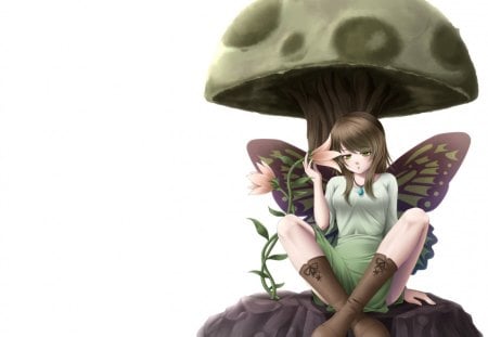 Mushroom Fairy - realistic, nice, mushroom, female, wings, simple, anime girl, fantasy, brown hair, white, pretty, anime, girl, long hair, etty, lovely, cg, 3d, wing, plain, sweet, fairy