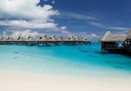 Hilton Resort Bora Bora Water Villas Bungalows - beach, paradise, pacific, water, white, polynesia, french, bora bora, atoll, hilton, holiday, lagoon, south, sand, bungalow, ocean, tropical, exotic, blue, villas, island, sea, tahiti