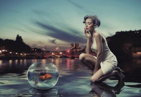 Woman with bowl of fish - woman, bowl, mist, city, fish