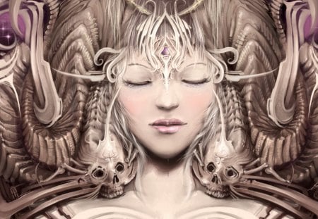 Horned beauty - aries, pink, zodiac, beauty, girl, skull, creature, fantasy, woman, horns