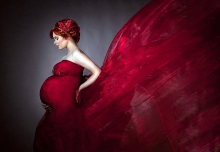 Pregnant woman modeling - woman, model, red dress, art, pregnant