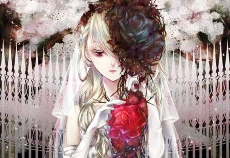 Lady Rose - anime, female, blossom, dress, blonde, blond hair, long hair, blond, gown, anime girl, hot, girl, blonde hair, flower, petals, red eyes, rose, cute, floral, sexy