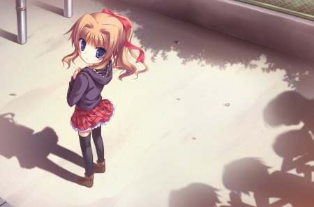 A-E-I-O-U - nice, female, play ground, anime girl, brown hair, pretty, game, anime, team, cute, skirt, girl, blue eyes, park, long hair, playing, lovely, shade, kawaii, play, sweet, group, shadow, friend