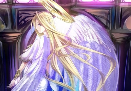 Fierite of Pride - pretty, anime, female, wing, dress, blonde, angel, blond hair, long hair, blond, halo, nice, gown, anime girl, beautiful, hot, girl, blonde hair, feather, beauty, lovely, sweet, wings, cute, sexy, fantasy girl