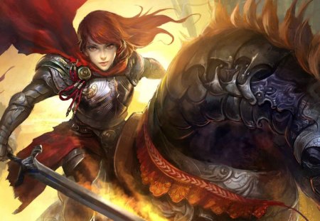 Legend of the Cryptids - red, sword, run, horse, black, game, legend of the cryptids, battle, art, warrior, creature, fighter, fantasy, armor, orange, woman