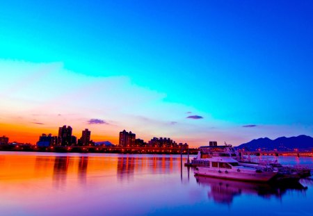 EVENING CITY LIGHTS - lake, evening, city, kights, boats