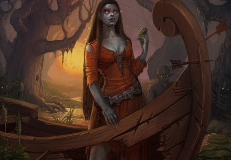 Demon princess - woman, eyes, sun, swamp, fantasy, fire, halloween, yellow, orange, toad, demon, boat, moon, girl, monster, zombies, forest, creature, red, dress