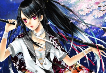 Warrior Samurai - female, hot, anime girl, black hair, blade, red eyes, cherry blossom, katana, anime, sakura blossom, sword, cute, sexy, girl, warrior, long hair, sakura, floral, blossom, weapon, bandages, flower