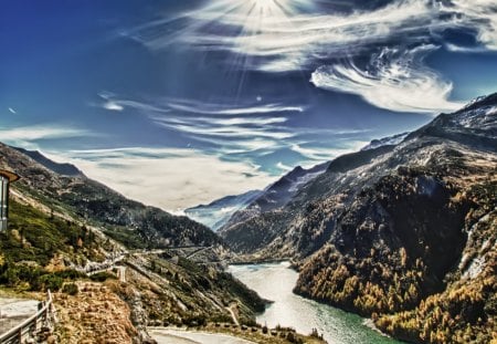 fantastic view of a dam in a valley hdr - clouds, river, hdr, mountains, valley, building, dam