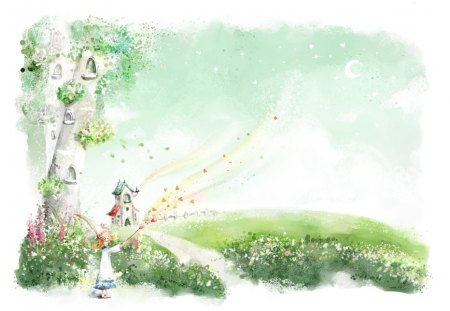 Happy Spring - hearts, trees, wand, flowers, little girl