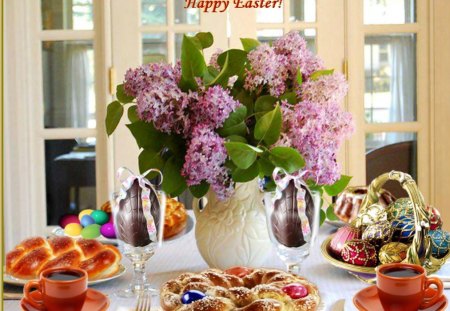 Happy Easter - eggs, coffee, flowers, easter cake