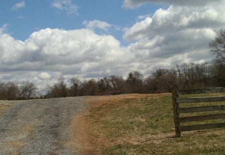 Over The Hill - road, grass, fence, sky