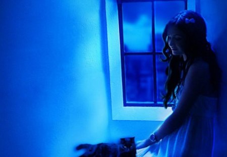 Perfect Moment - lady, fantasy, cat, blue