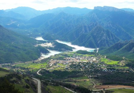 Between mountains - spain, forest, cityscape, rivers, green hills, landscapes