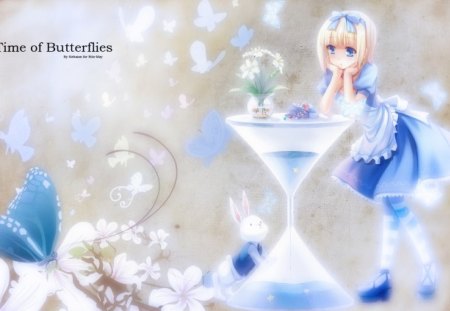 Time of Butterflies - butterflies, fantasy, girl, time, blue