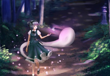 Late Night Walk - anime, female, dress, night, forest, plant, walk, white hair, dark, short hair, touhou, ribbon, konpaku youmu, woods, silver hair, anime girl, spirit, hot, girl, tree, black, butterfly, cute, sexy