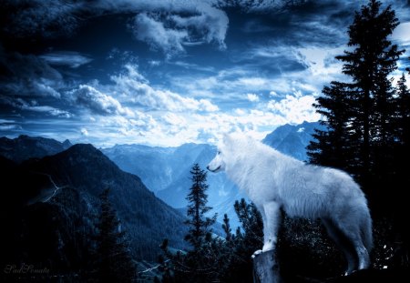 Over the Hills - hill, fantasy, blue, wolf, animals