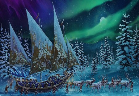 Moving A Ship At Winter Time - ice, ship, reindeer, snow, men, night