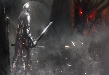 Knight vs Dragon - fire, swords, smoke, dragon, woman, knight