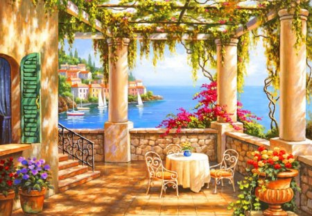 Morning terrace - nice, sky, freshness, sailboats, terrace, dock, peaceful, water, coast, painting, view, art, quiet, pretty, table, sunny, morning, coffee, lake, boats, summer, shore, lovely, arch, village, pier, town, beautiful, flowers, sea