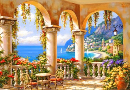 Terrace arch - nice, sailboats, terrace, peaceful, water, coast, vacation, calm, painting, view, art, quiet, pretty, table, relax, morning, coffee, lake, mountain, travel, sailing, shore, lovely, serenity, arch, village, town, beautiful, rest, flowers, sea