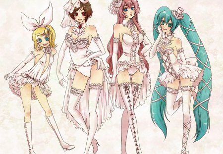 ~Pretty Women~ - pretty, anime, vocaloid, meiko, hatsune miku, girls, white outfits, rin kagamine, megurine luka, blue eyes