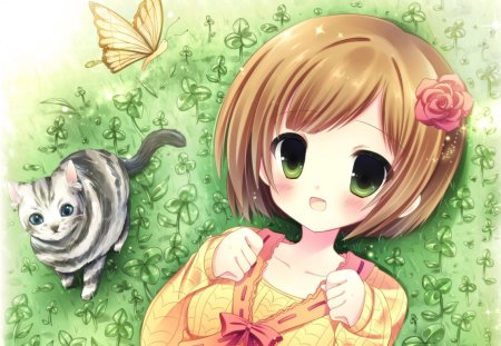 Girl with Kitty - anme, pretty, kawaii, female, green eyes, adore, happy, short hair, animal, kitten, field, nice, anime girl, beautiful, girl, beauty, lovely, brown hair, sweet, cat, smile, butterfly, cute, adorable, kitty